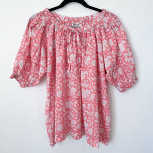 SZ BlockPrints x J.Crew Pink Nila Floral Gathered Top Puff Sleeve Womens Small